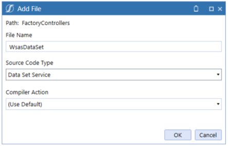 Add File dialog box to configure the dashboard service file that features the file name, source code type, and compiler action.